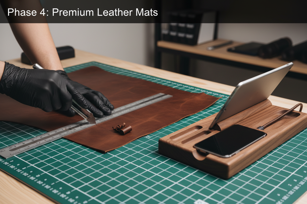 Leather desk mat being precision-cut beside walnut dock
Utility knife, cutting mat, perfect fit
"Phase 4: Premium Leather Mats"
