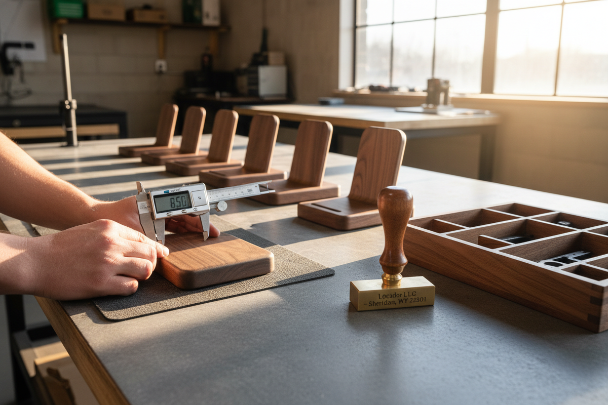 Photorealistic final quality control: Craftsman using digital calipers measuring premium GrainMod walnut dock dimensions on inspection table. "Locador LLC - Sheridan, WY 82801" brass stamp beside finished organizer, multiple completed docks ready for shipping. Professional QC station, natural workshop light, ultra-detailed 16:9, 8k manufacturing excellence.
