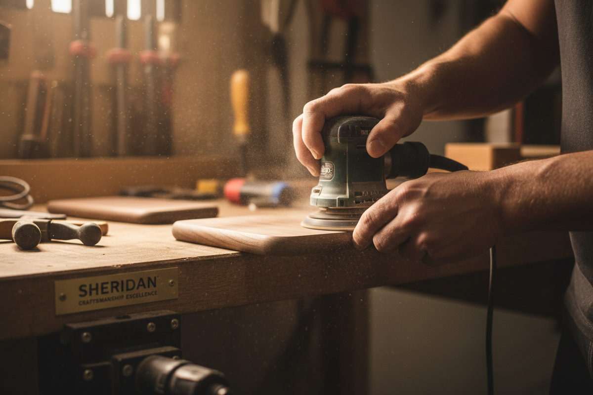 Ultra-photorealistic artisan finishing: Expert craftsman meticulously hand-sanding premium GrainMod walnut dock edges using professional random orbital sander. Perfect 400-grit finish emerging, fine walnut dust illuminated by workshop lighting, ergonomic sanding technique, Sheridan craftsmanship excellence, hyper-detailed 16:9, 8k.
