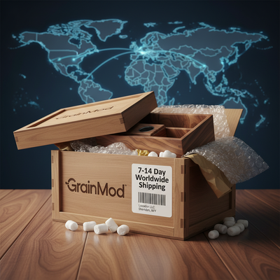 Ultra-photorealistic GrainMod shipping excellence: Premium walnut desk organizer expertly packed in branded wooden crate with "7-14 Day Worldwide Express Shipping" professional label. "Locador LLC Sheridan WY Return Address", international tracking barcode, protective packaging materials, world map background showing global delivery routes, square 1:1 trust icon, 8k hyper-detailed logistics quality.
