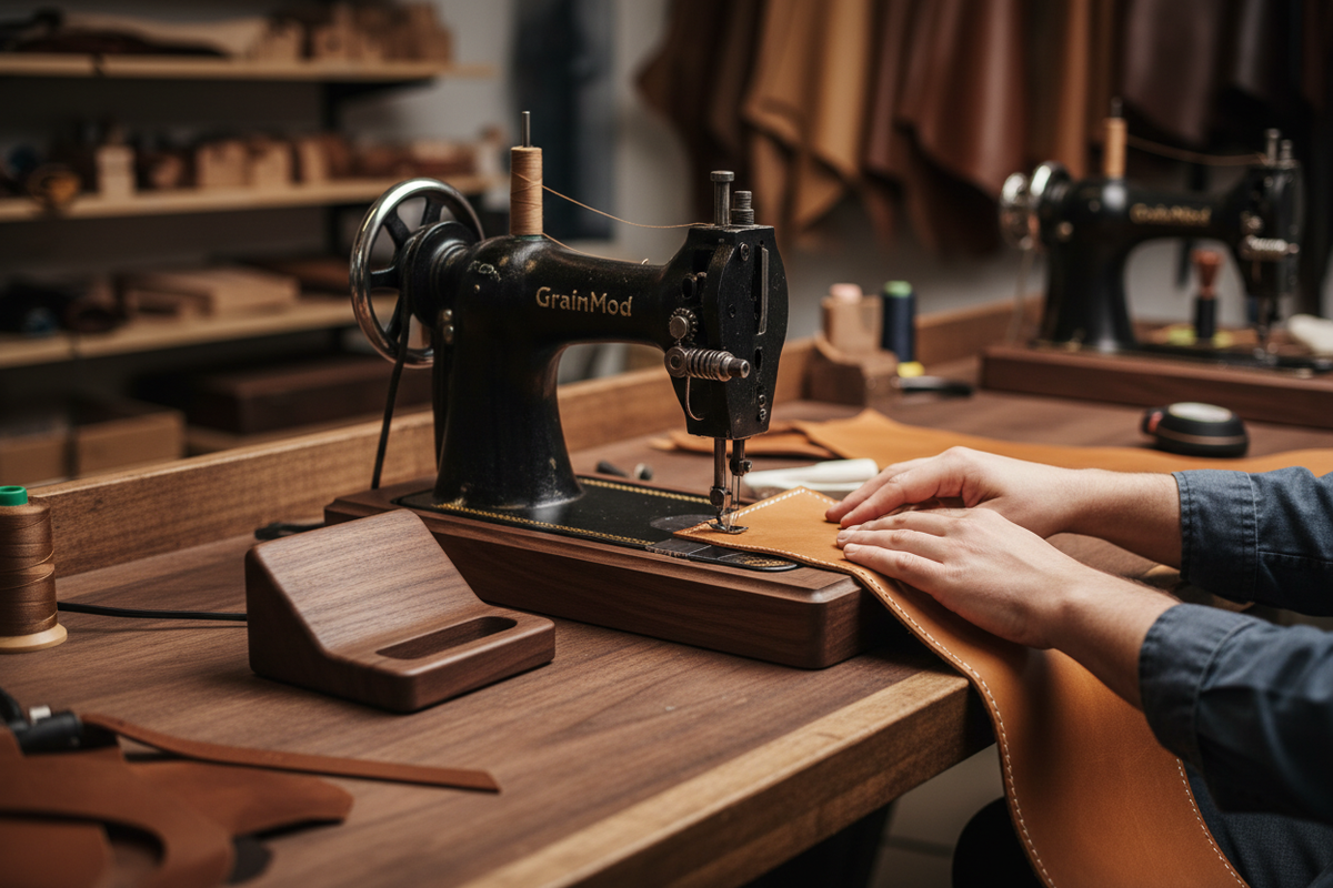 Ultra-photorealistic GrainMod workshop leather integration: Professional artisan hand-stitching premium full-grain leather desk mat to walnut organizer base using industrial leather sewing machine. Heavy-duty double-needle stitching, perfect leather tension, walnut dock beside sewing station, Sheridan workshop leatherworking excellence, hyper-detailed machinery and materials, cinematic 16:9, 8k quality.

