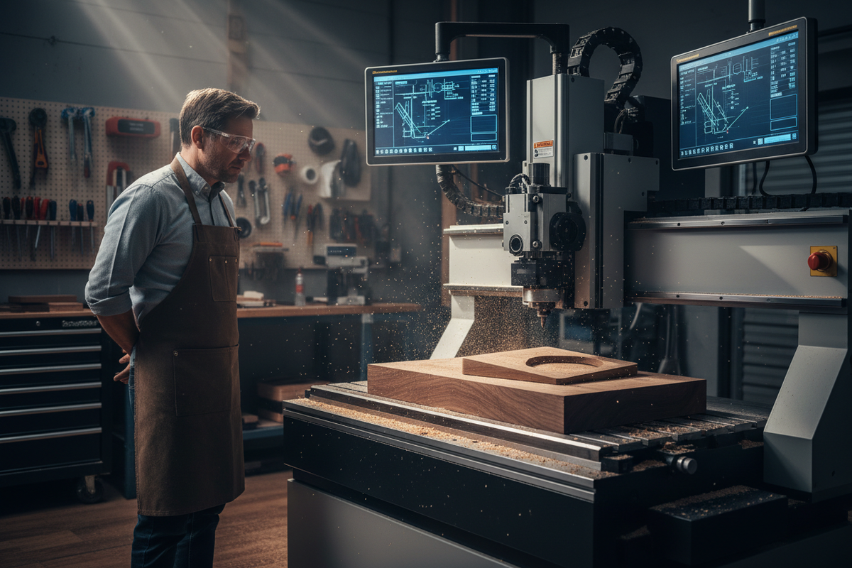 Ultra-photorealistic GrainMod workshop: Master craftsman monitoring advanced CNC router executing precision cuts on premium walnut laptop dock. Sophisticated 5-axis machining center, real-time digital interface glowing, intricate dock profile emerging from solid walnut, Sheridan workshop precision engineering, hyper-detailed 16:9, 8k.

