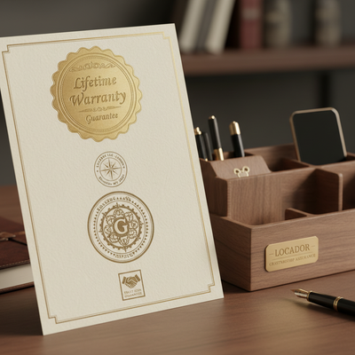 Ultra-photorealistic premium GrainMod Lifetime Warranty certificate displayed elegantly beside walnut desk organizer. Elegant gold-embossed "Lifetime Warranty Guarantee" badge with "Locador LLC - Sheridan, WY 82801" official stamp, professional warranty seal design on textured certificate paper, luxury craftsmanship assurance, square 1:1 trust icon, 8k hyper-detailed quality guarantee.
