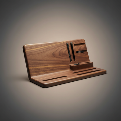 Ultra-photorealistic premium GrainMod walnut laptop dock organizer showcasing exceptional wood quality. Rich dark walnut with golden grain figuring, flawless hand-sanded edges reflecting workshop light, professional product photography on subtle gradient background. Luxury walnut texture details, perfect proportions, cinematic product hero shot for trust section, square 1:1, 8k hyper-detailed craftsmanship excellence.
