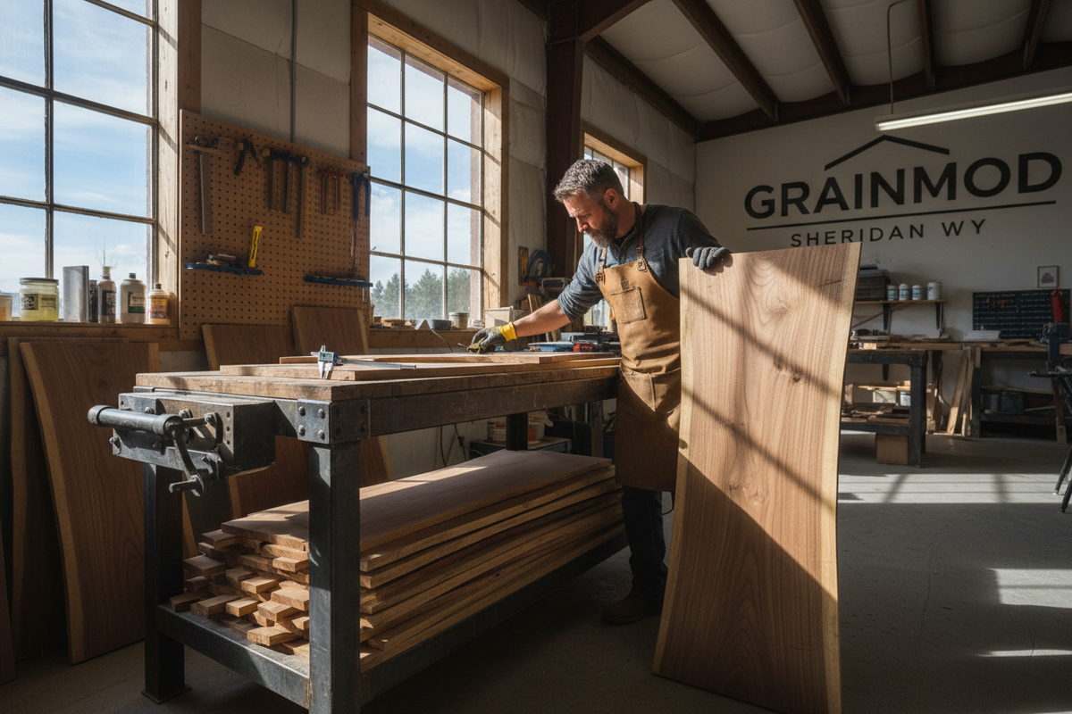Ultra-photorealistic Wyoming workshop walnut selection: Craftsman professionally inspecting premium golden-brown walnut slabs in GrainMod Sheridan workshop. Hands examining perfect wood grain patterns, measuring thickness with calipers, high-quality lumber stacked on industrial workbench. Expert material selection process, hyper-detailed wood textures, natural workshop lighting, cinematic 16:9, 8k quality craftsmanship.
